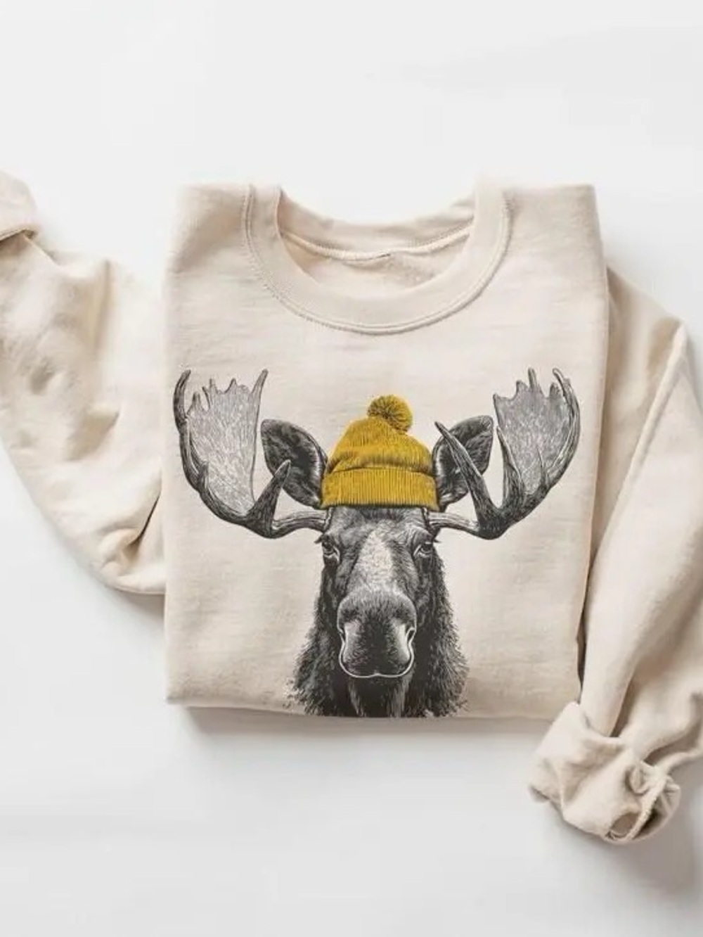 Bull Moose Wearing Beanie Sweatshirt Retro 90s Animals Outdoors Sweater